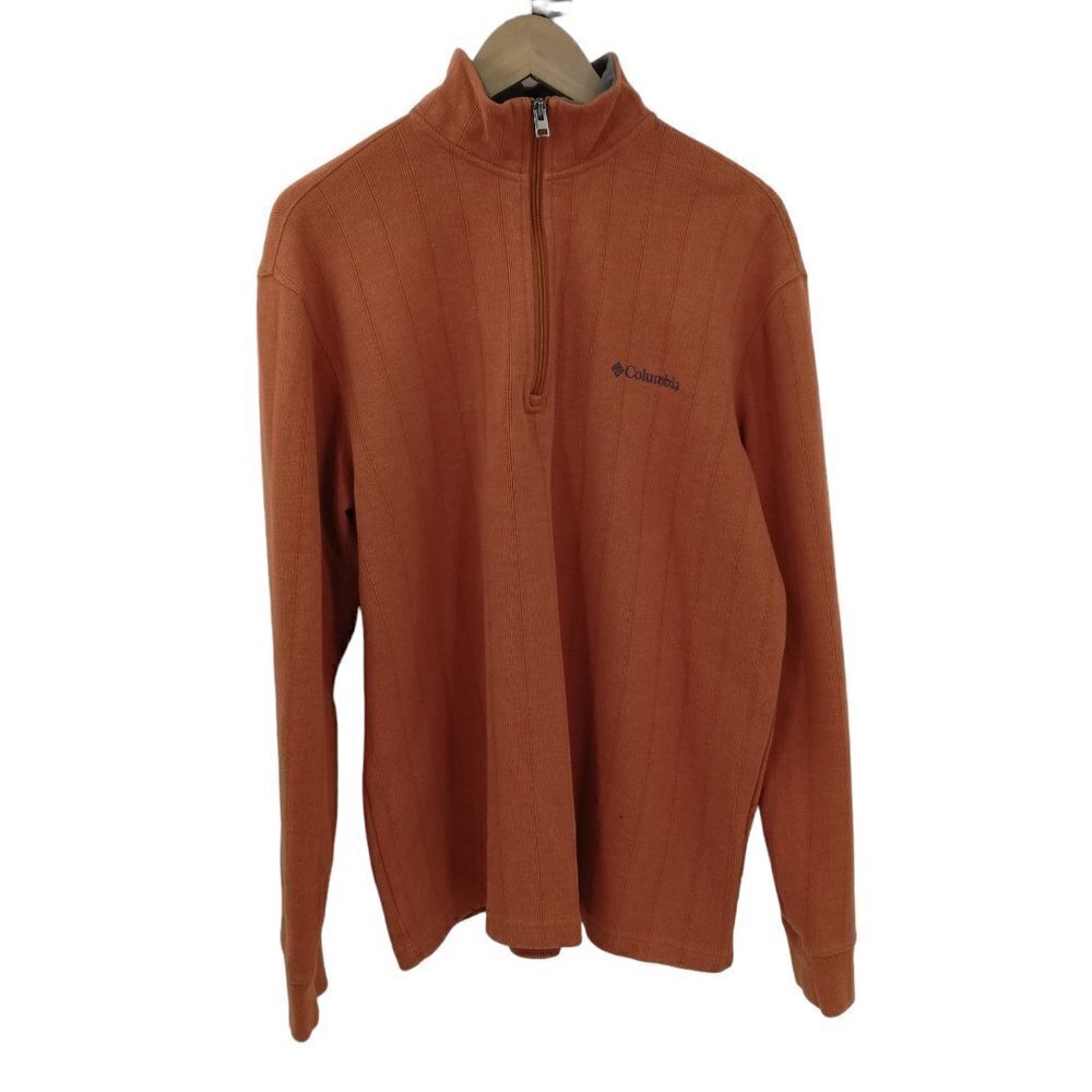 Columbia Pullover 1/4 Zip Orange Ribbed Sweater Sweatshirt Size L Mens Mock Neck